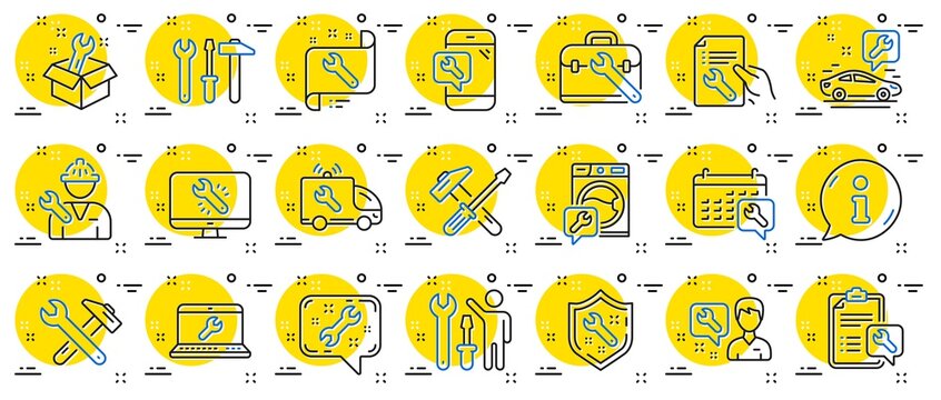 Repair car service line icons. Set of Hammer, Screwdriver and Spanner tool icons. Recovery, Washing machine repair, Car service. Engineer tool, Tech support. Spanner equipment, screwdriver. Vector