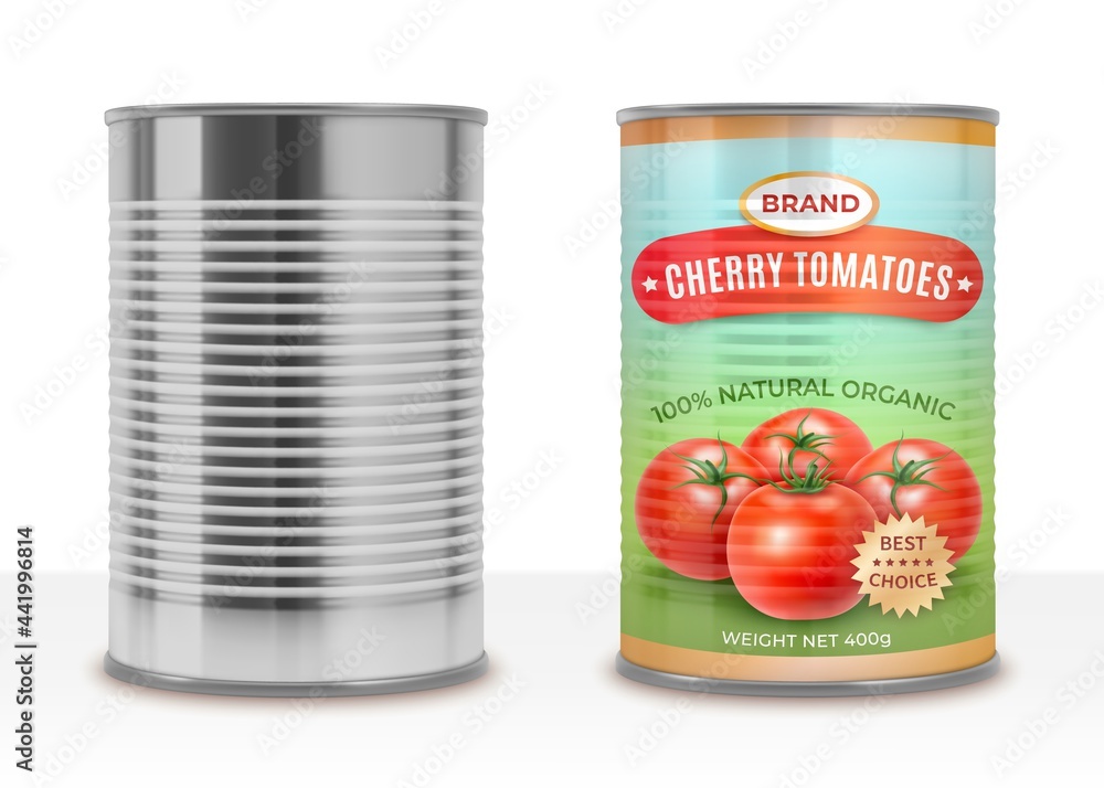 Poster Realistic Detailed 3d Canned Cherry Tomatoes Empty Can and Label Set. Vector