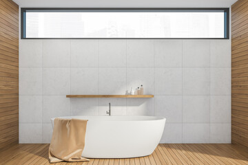White bathtub on wooden surface