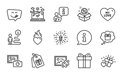 Holidays icons set. Included icon as Gift box, Fireworks explosion, Love gift signs. Heart flame, Sale, Yummy smile symbols. Airplane travel, Photo camera, Coupons. My love, Puzzle image. Vector