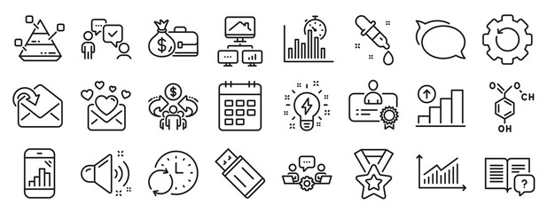 Set of Education icons, such as Receive mail, Update time, Usb flash icons. Consulting business, Chemistry pipette, Pyramid chart signs. Calendar, Certificate, Report timer. Inspiration. Vector