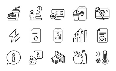 Business icons set. Included icon as Analysis graph, Hamburger, Report statistics signs. Approved document, Apple, Electricity symbols. Cash, Weather thermometer, Upload file. Settings. Vector