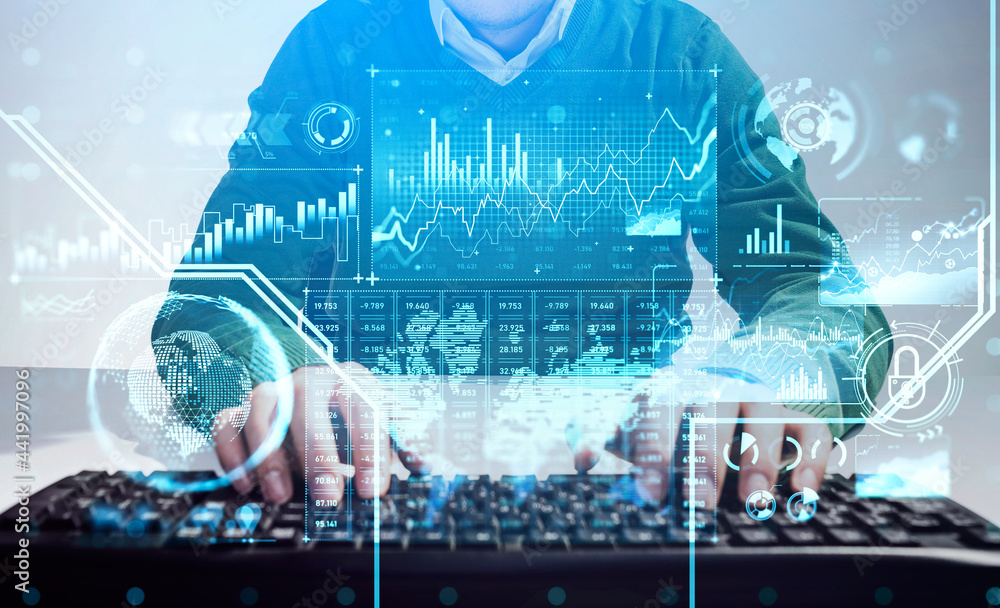 Poster front view of businessman hands typing desktops keyboard, blue white glowing information security pa