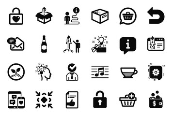 Vector Set of simple icons related to Shopping cart, Lock and Musical note icons. Minimize, Launch project and Beer bottle signs. Undo, Startup and Social media. Creative idea, Idea. Vector