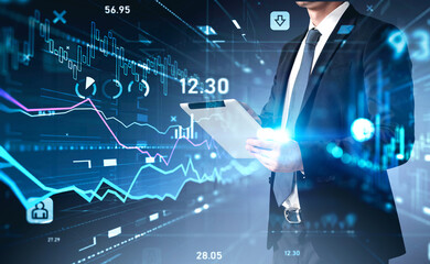Various financial charts showing increase of price in stock market, digitalization and internet...