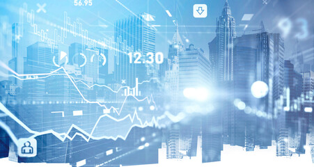 Financial charts and quotes over panoramic New York city view. The concept of international consulting at NYC. Hologram lines and numbers.