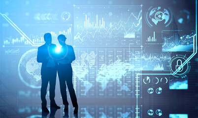 Businessman and businesswoman are looking into black document folder, virtual digital screen with blue glowing information security business icons and graphs. 