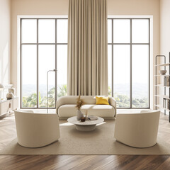Fototapeta na wymiar Panoramic view from the living room window, beige