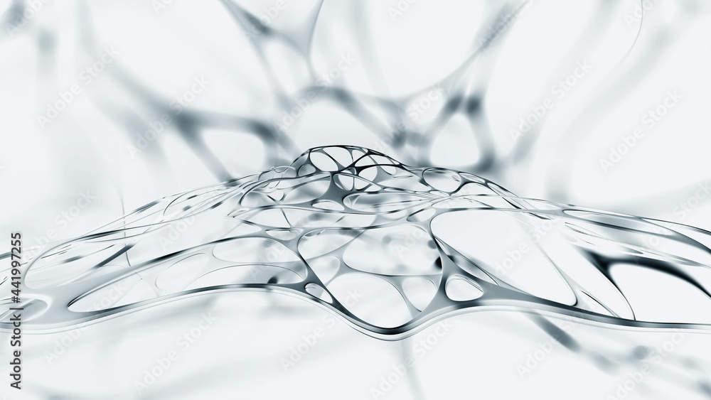 Poster Big data, cryptography programming 3D illustration. Neural network, cloud technologies. Global database, artificial intelligence. Bright, black and white background with bokeh effect