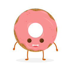 Funny donut character with glazing and sprinkles, cartoon style vector illustration isolated on white background. Cute smiley freshly donut character with eyes and legs