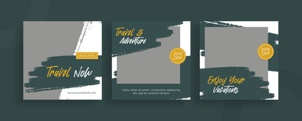 Set of editable templates for Instagram post, Facebook square frame, social media, travel, holiday, advertisement, and business promotion, fresh design with green color and minimalist vector (1/3)