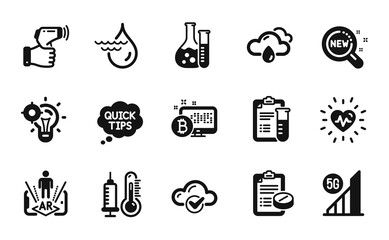 Vector set of Medical analyzes, New products and Augmented reality icons simple set. Chemistry lab, Electronic thermometer and Medical prescription icons. Medical analyzes simple web symbol. Vector