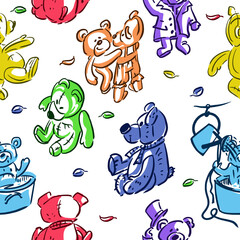 Seamless multicolored pattern, set of cute funny vintage teddy bears toys. Hand draw illustration for fabric, design. Vector outline style.