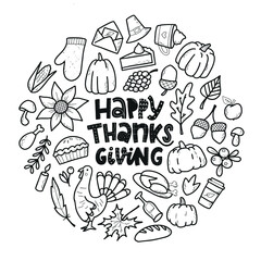 set of hand drawn thanksgiving doodles and lettering quote for stickers, prints, invitations, cards, coloring pages, invitation templates, etc. EPS 10