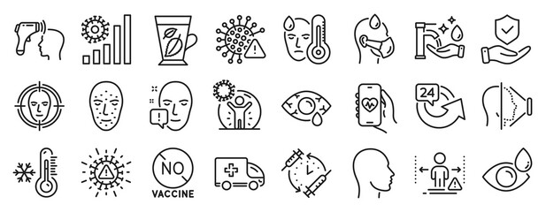 Set of Medical icons, such as Face attention, Head, Face id icons. Fever, Low thermometer, Health app signs. Coronavirus statistics, Electronic thermometer, Insurance hand. 24 hours. Vector