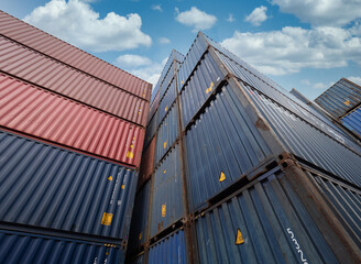 Business Logistics concept, Containers arranged neatly in the logistic shipping yard, with the sun shining on the top.