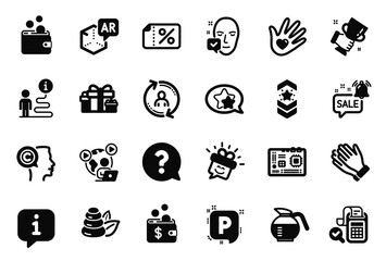 Vector Set of Business icons related to Shoulder strap, Augmented reality and Question mark icons. Coffeepot, Bill accounting and Winner cup signs. Star, Discount banner and Clapping hands. Vector