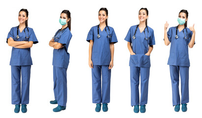 Collage of five different nurse portraits isolated on white, full length wearing a mask due to...