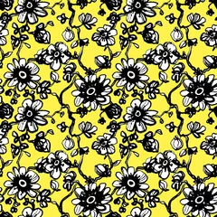 Foto auf Acrylglas Black daisies, dahlias flower seamless pattern on yellow background. Daisy field. Ditsy floral pattern print. Vector floral illustration. Wild flowering texture. © Audra