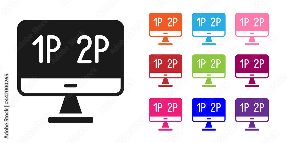 Poster black computer monitor screen icon isolated on white background. electronic device. front view. set 