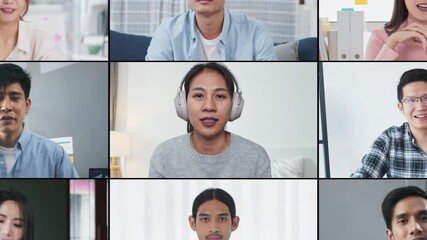 Group of young Asian business people, office coworker on video online conference call, remote team meeting. Work from home, internet communication technology, coronavirus social distancing lifestyle - Powered by Adobe