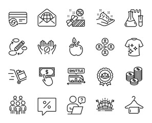 Vector set of Group people, Coins and Chemistry lab line icons set. Online question, Discount message and Payment click icons. Clean t-shirt, Skin care and Shuttle bus signs. Vector