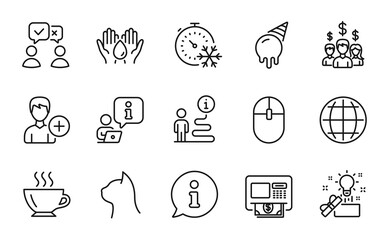 Fototapeta premium Business icons set. Included icon as Creative idea, Coffee, Globe signs. Safe water, Salary employees, Ice cream symbols. Add person, Pets care, People voting. Freezing timer, Atm. Vector