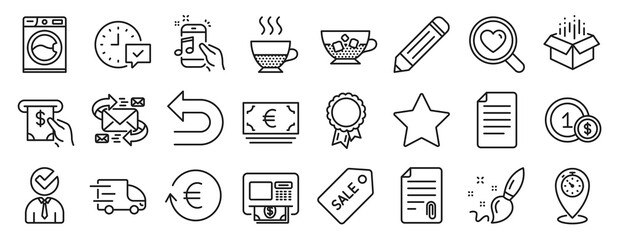 Set of line icons, such as Sale ticket, Atm, Music phone icons. Doppio, Star, Search love signs. Attachment, Euro currency, Truck delivery. Washing machine, File, Cold coffee. Timer, Undo. Vector
