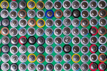several alkaline batteries on top of each other on a green background