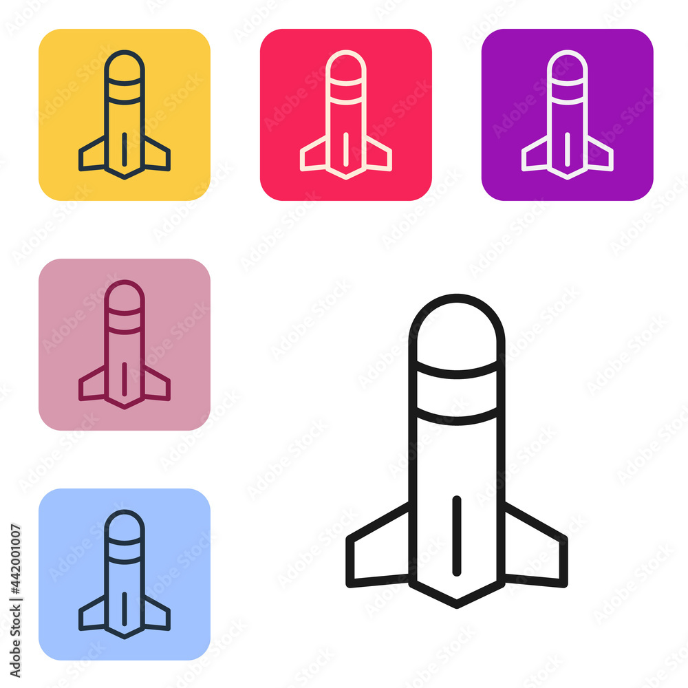 Poster black line rocket icon isolated on white background. set icons in color square buttons. vector