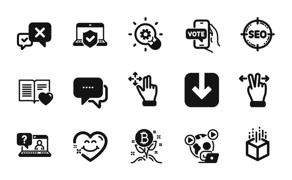 Vector set of Seo, Laptop insurance and Online voting icons simple set. Faq, Message and Move gesture icons. Augmented reality, Video conference and Innovation signs. Seo simple web symbol. Vector