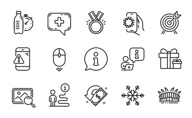 Business icons set. Included icon as Surprise package, Cashback, Search photo signs. Honor, Air conditioning, Covid app symbols. Medical chat, Fitness water, Warning message. Scroll down. Vector