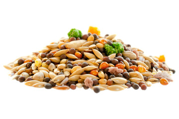Food for canaries, parrots, finches. Mixed seeds for bird feeding isolated on white background. Food for exotic birds isolated on white background. Mix for feeding canaries, finches, parrots.