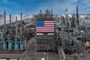 American flag on oil refinery.