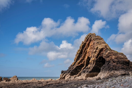 Beautiful landscape image of Blackchurch Rock on Devonian geological formation on beautiful Spring day