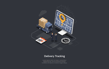 Delivery Location Tracking, GPS Technology Concept Vector Illustration With Writing. Isometric Composition, Cartoon 3D Style. Warehouse Parcel Order, Online Shopping Benefit, Product Safety Guarantee.
