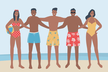 Obraz premium Young people in beach wear stand on the seashore. Young women and young men in swimsuits and swimming trunks are standing together. Friends in beach suits are standing and hugging. Vector