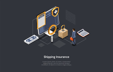 Safe Shipping Insurance, Product Quality Guarantee Concept Vector Illustration With Writing. Isometric Composition, Cartoon 3D Style. Legal Documents, Deal Contract, Internet Trade Business Process.