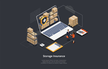 Safe Storage Insurance Contract Concept Vector Illustration With Writing. Isometric Composition, Cartoon 3D Style. Warehouse Goods Producing And Keeping. Businesspeople Shaking Hands, Business Deal.
