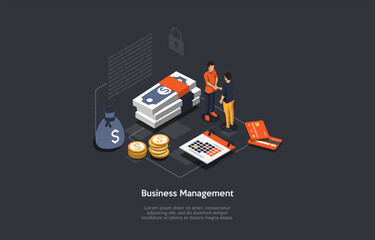 Vector Composition. Cartoon 3D Style Design With Infographics. Conceptual Isometric Illustration. Business Finance Management. Economically Successful Deal, Work Contract. Businesspeople Handshake.
