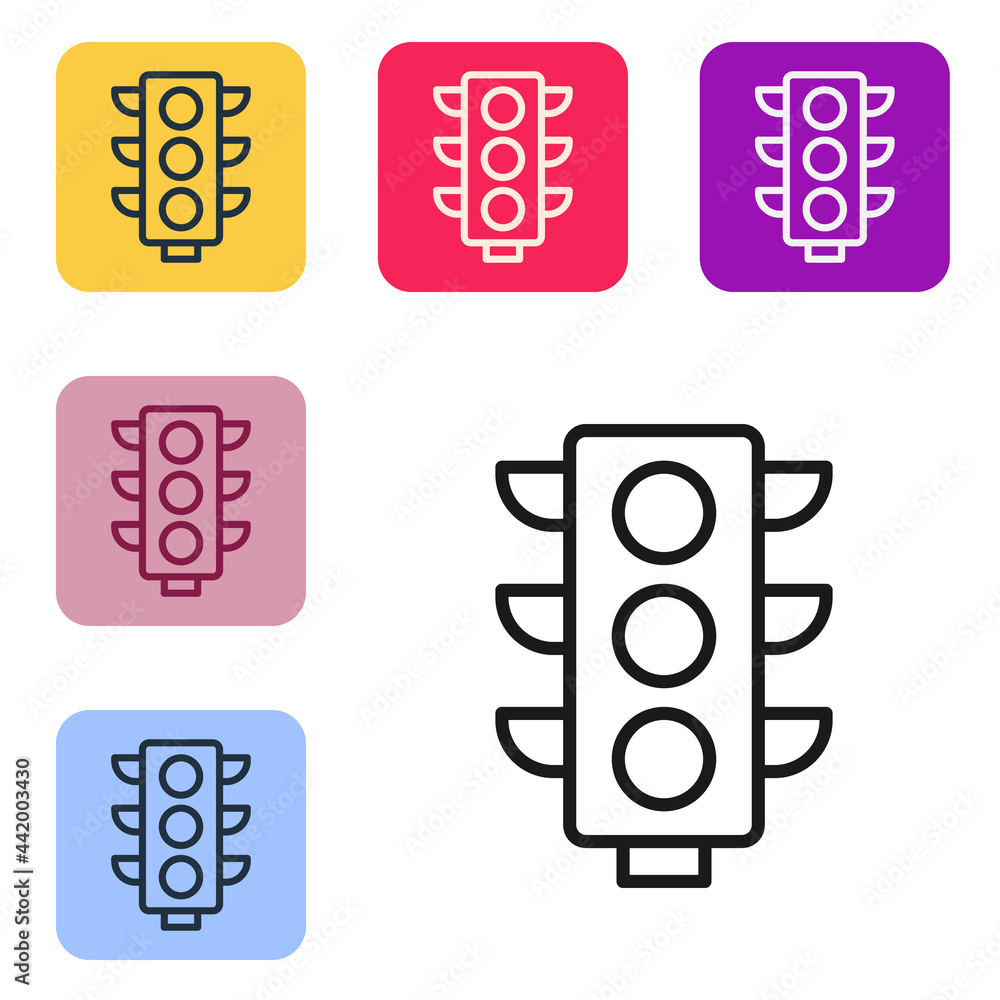 Poster black line traffic light icon isolated on white background. set icons in color square buttons. vecto