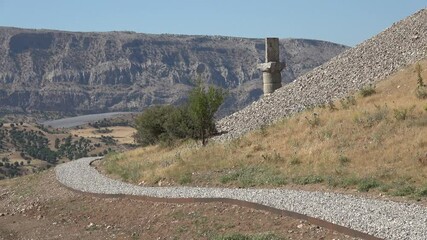 Karadag mountain, Adiyaman, Turkey - 17th of June 2021: 4K Way to the other pillar at the Karakus Tumulus
