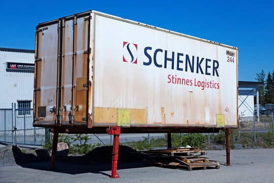 Umea, Norrland Sweden - May 27, 2021: cargo container standing on legs