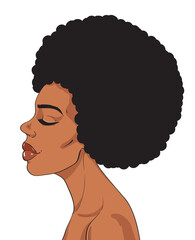 African american afro hair woman face in profile, pop art retro comics style vector illustration isolated on white background. Fashion and beauty black woman portrait.