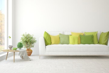 White living room with sofa. Scandinavian interior design. 3D illustration