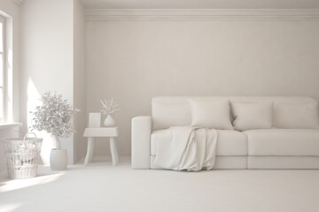 White minimalist living room with sofa. Scandinavian interior design. 3D illustration