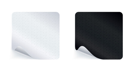 Adhesive stickers. Realistic empty sticky labels or price tags set with shadow. Blank square mock up with curved corner. Black and white