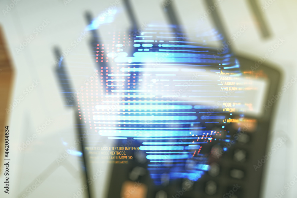 Poster abstract virtual coding concept and world map hologram on calculator background. multiexposure
