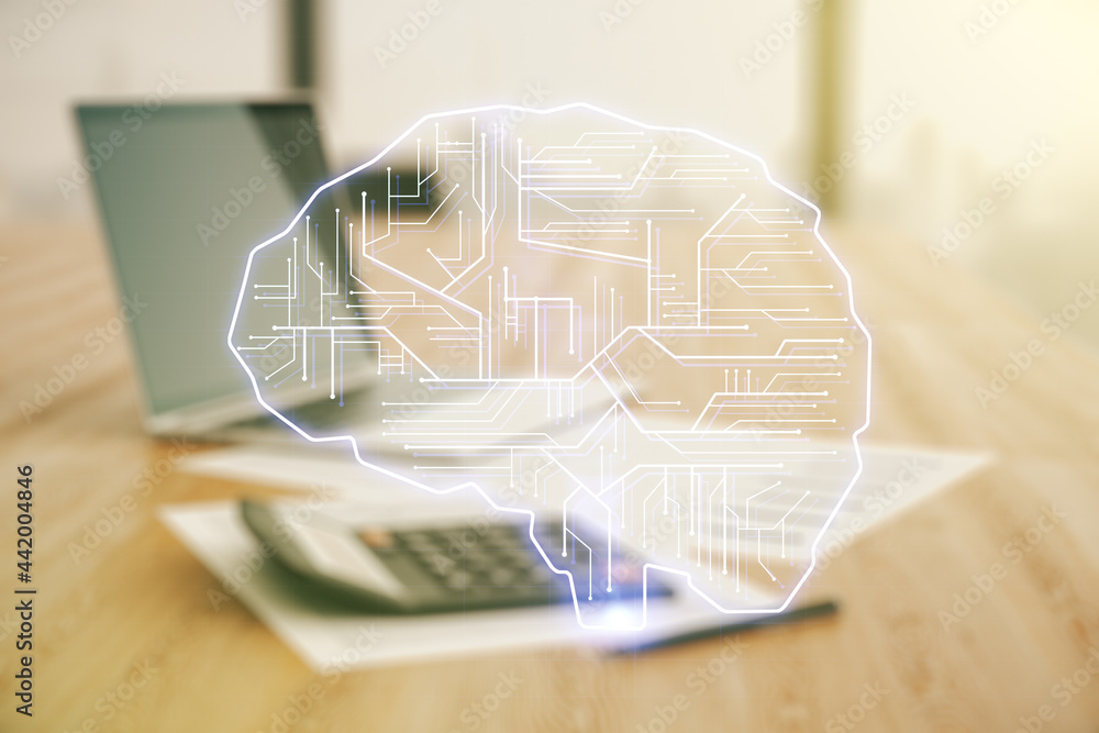 Poster virtual creative artificial intelligence hologram with human brain sketch on blurry calculator and c