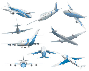Set of airplanes in different positions for commercial aviation fleet. Aircraft transport. Civil aircraft journey and aviation symbols. Wing flight transport